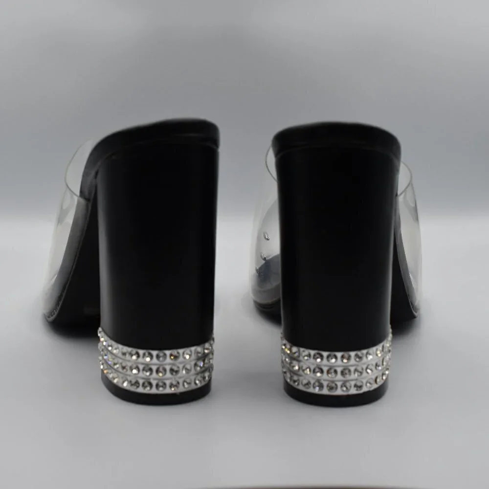Party Shoes Cape Robbin Clear and Black Open Toe Rhinestone Heels